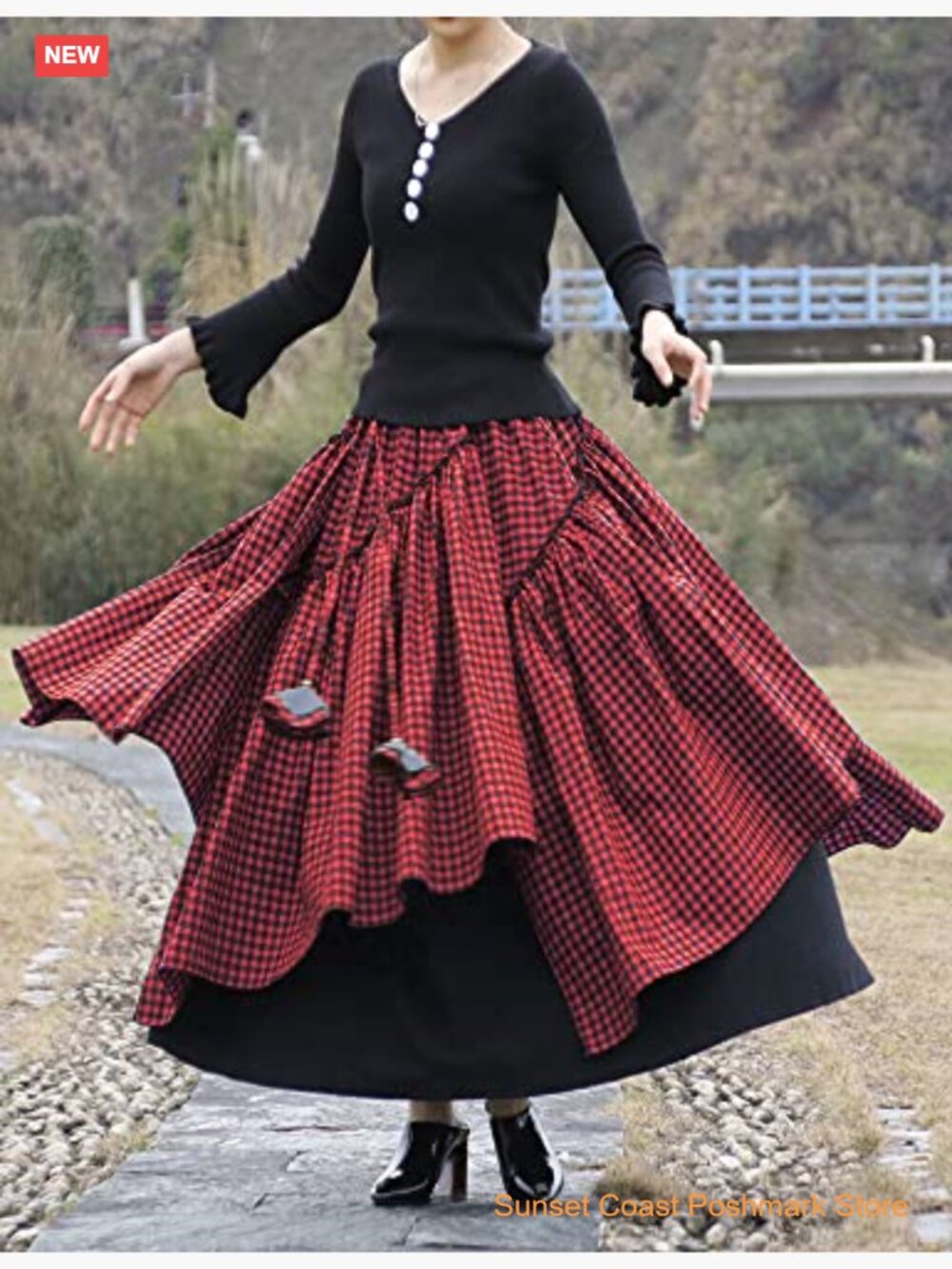 Womens Elastic Waist A-Line Cotton Lined Retro Maxi Pleated Long Skirts - Picture 2 of 5